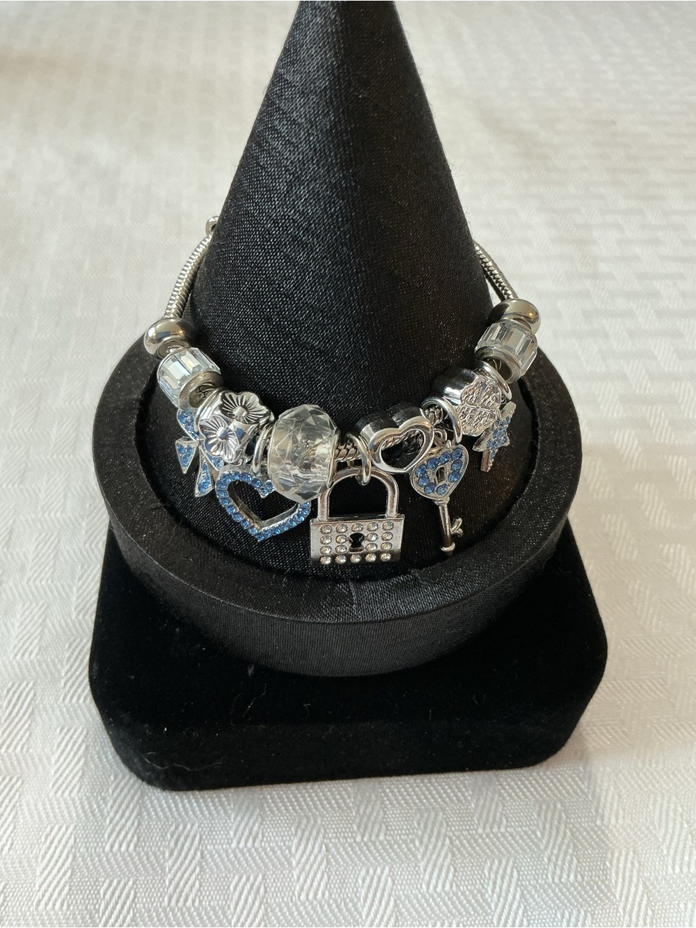 Blue Rhinestone European Style Snake Chain Charm Silver Tone Bracelet